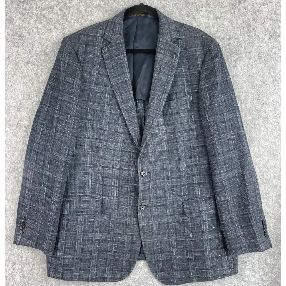Jos A Bank Reserve Wool Silk Linen Blazer Mens 46L Blue Windowpane Tailored‎ Fit